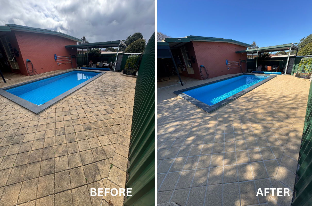 Before and after of paved pool pressure cleaned and resanded in Modbury, Adelaide