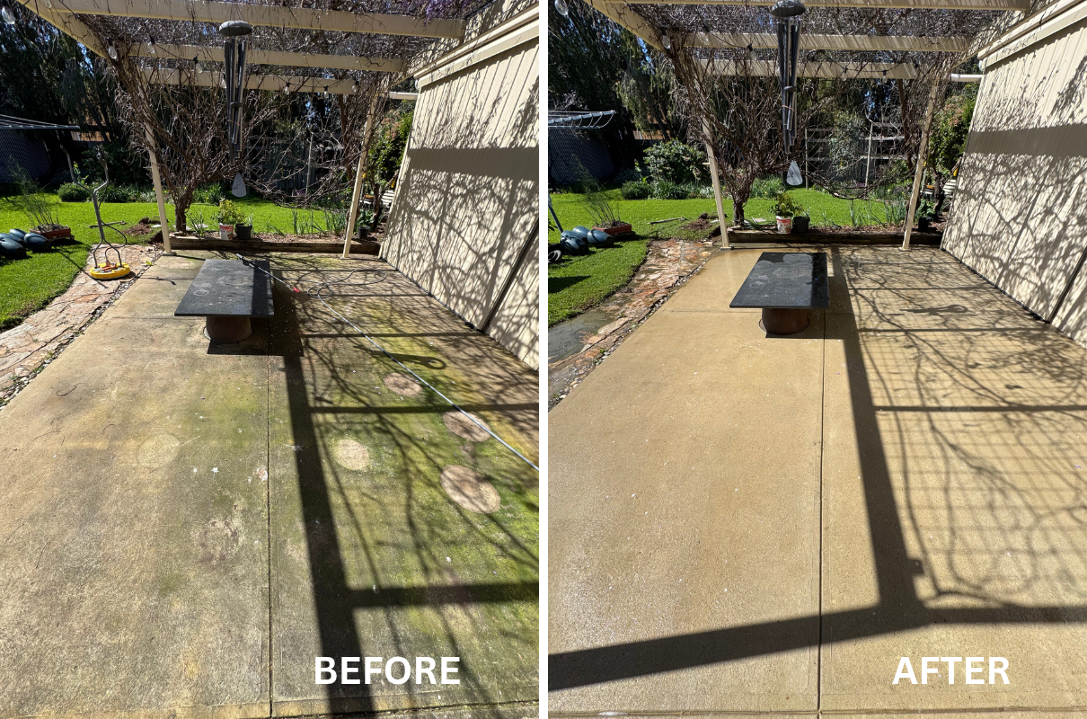 Before and after of a concrete backyard pressure cleaned in Plympton, Adelaide