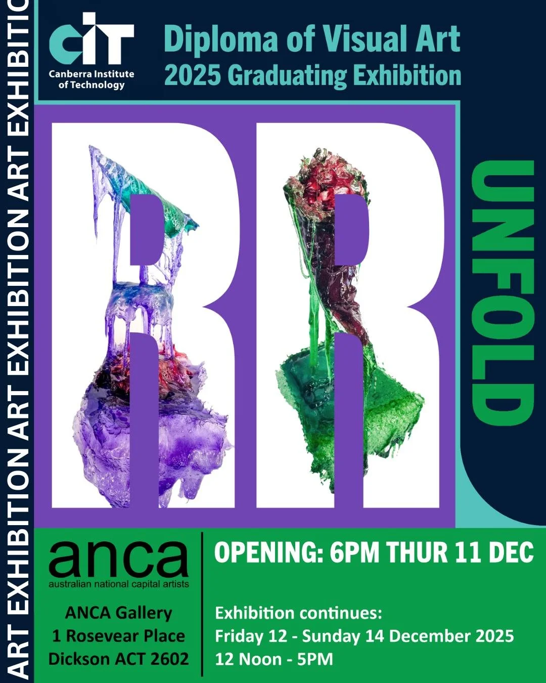 Happy Friday, everyone! Don't forget about our upcoming group exhibition with the Diploma of Visual Arts students.  @@citcanberra @cit.visualart 
Thursday 11th December at 6pm, ANCA Gallery
Can't wait! 
*
*
 #cbrartscene #cbrarts #resinart #emerginga