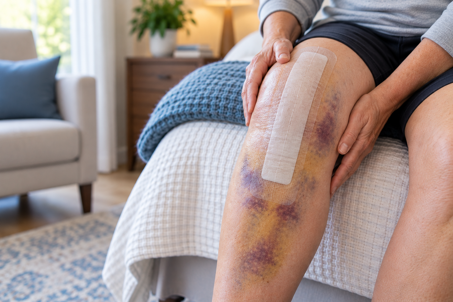 Woman with bruising around her knee and lower leg after knee replacement surgery