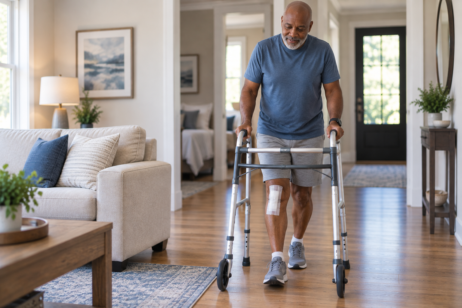 Man using a properly fitted walker at home after knee replacement surgery
