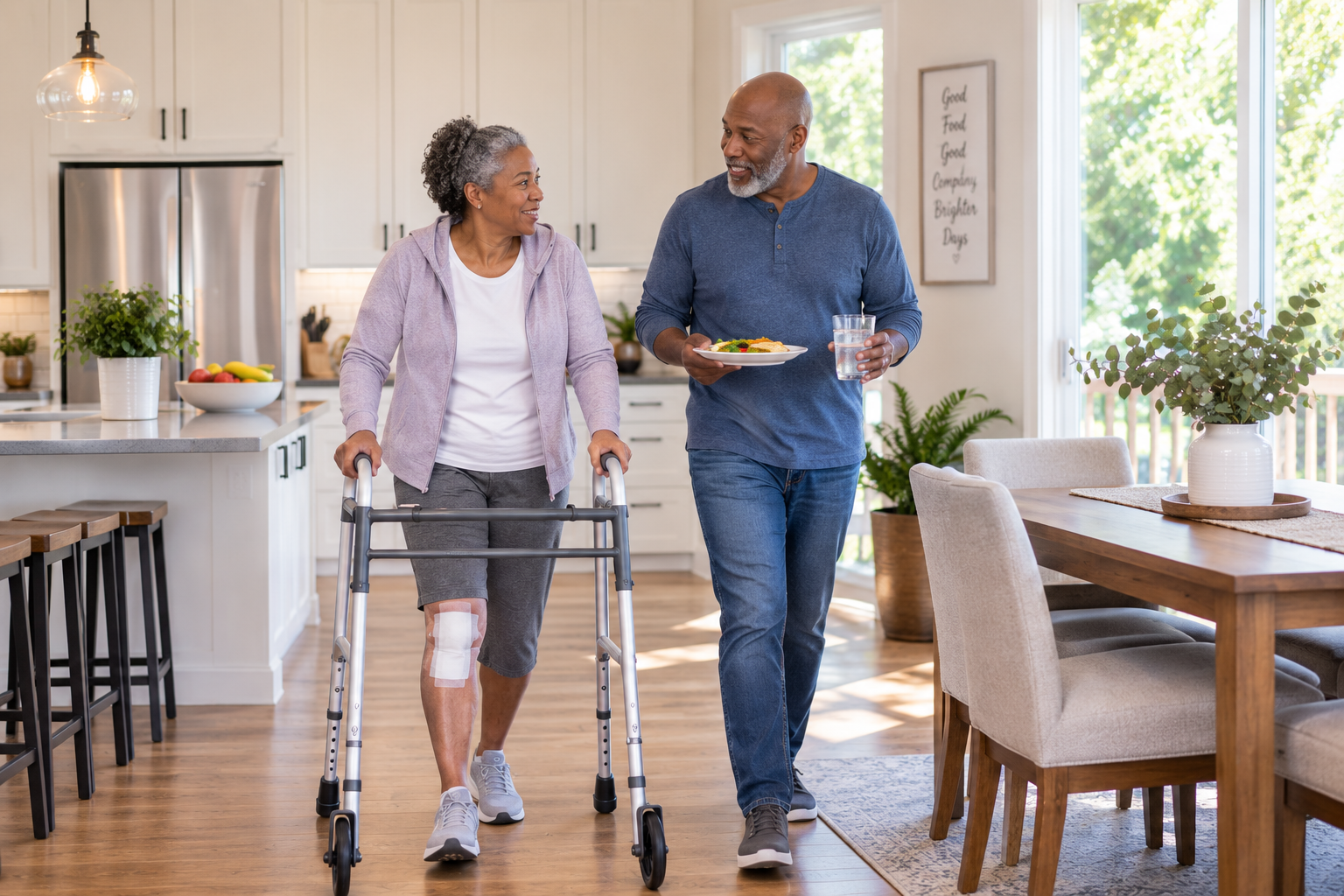 Family member helping a woman using a walker at home after knee replacement surgery