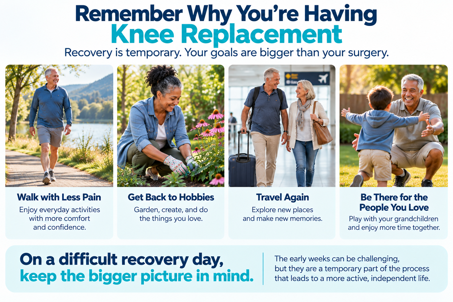 Examples of recovery goals after knee replacement including walking, hobbies, travel, and time with family