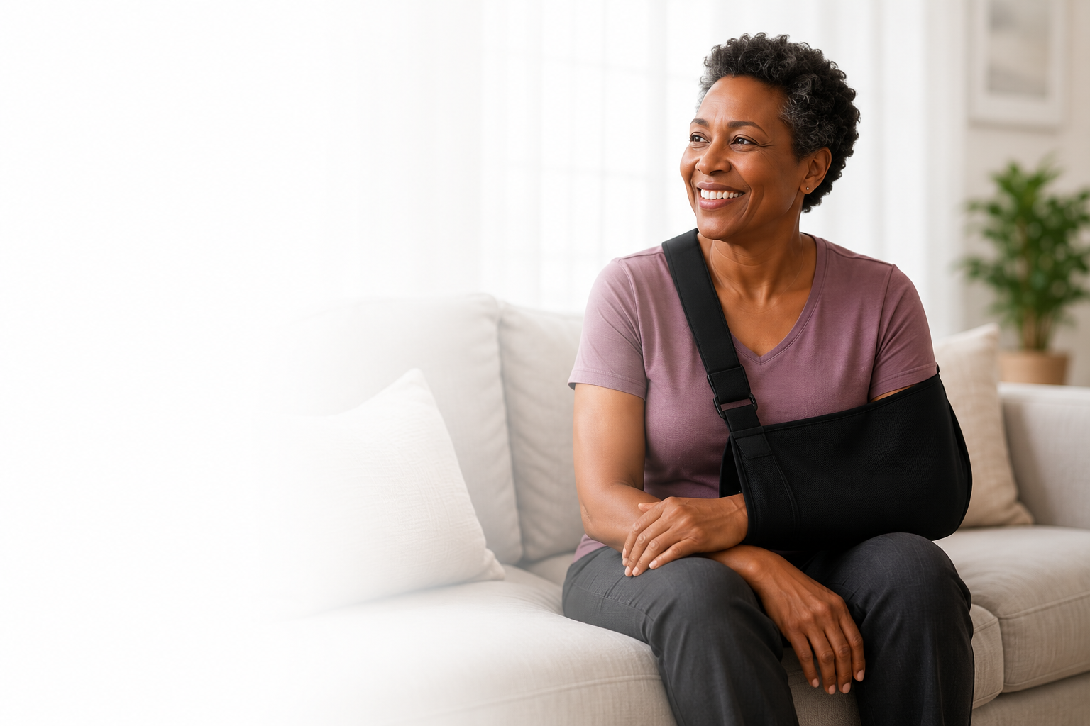 Woman wearing a sling during shoulder replacement recovery at home