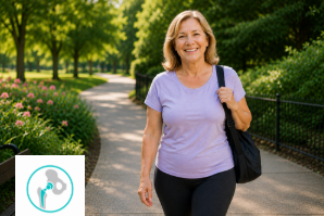 Woman walking outdoors during hip replacement recovery
