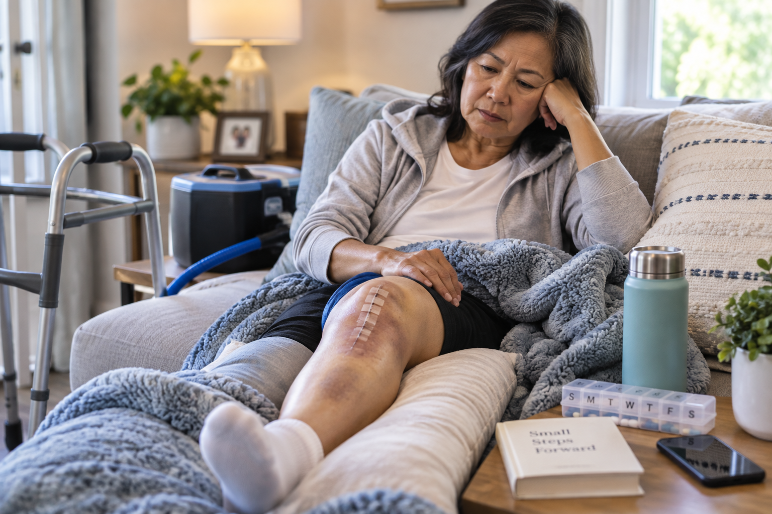 Woman experiencing knee pain at home during recovery after knee replacement surgery