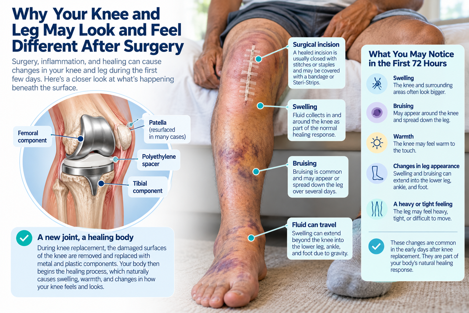 Knee swelling, bruising and warmth during the first 72 hours after knee replacement with diagram of the knee replacement components