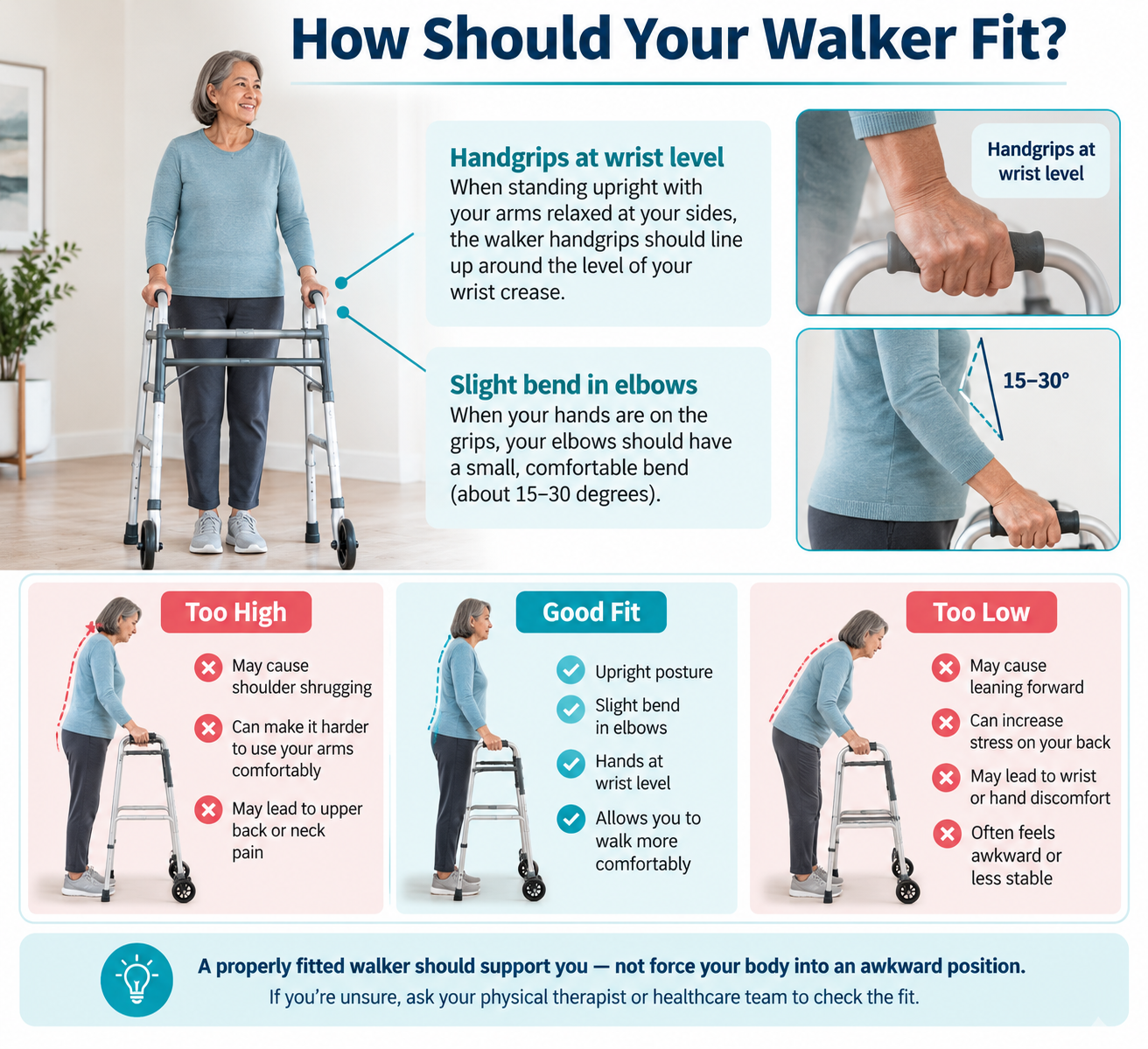 Walker fitting guide showing handgrips at wrist level and a slight bend in the elbows after knee replacement