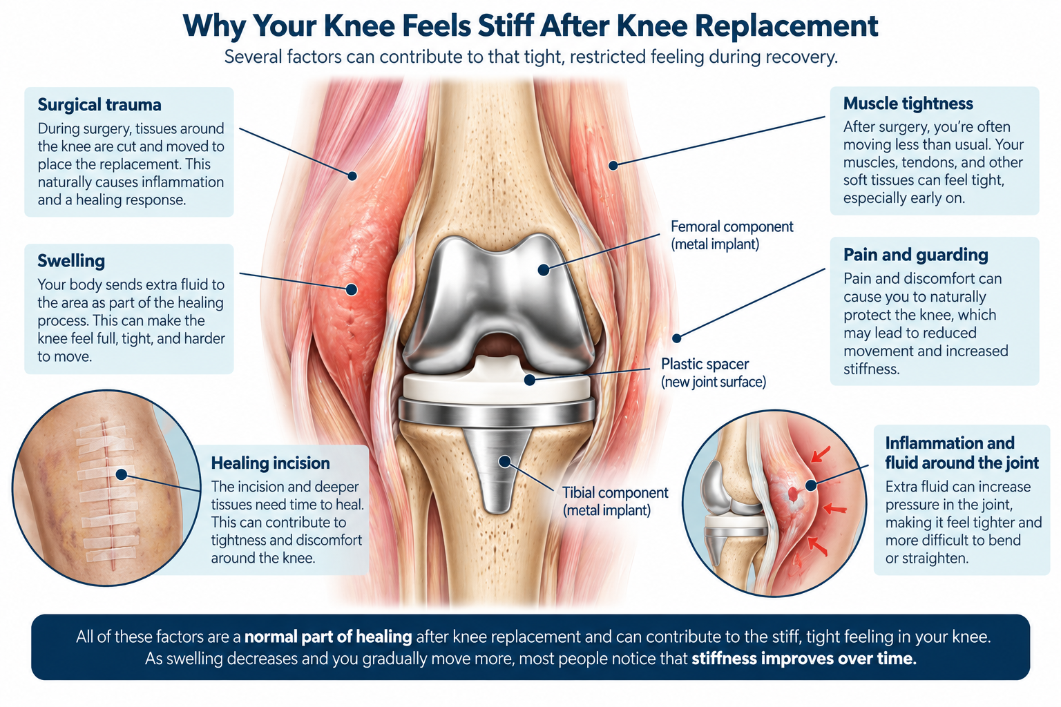 Diagram showing causes of stiffness after knee replacement including swelling, inflammation, healing tissues, muscle tightness and guarding