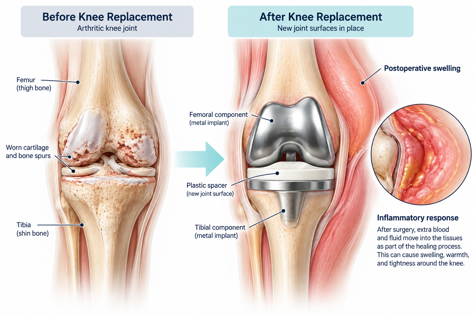 Medical illustration showing postoperative swelling and inflammation after knee replacement surgery