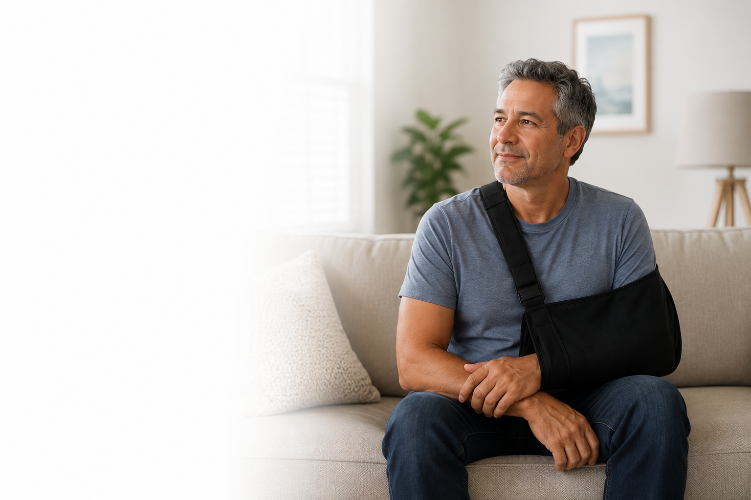 Man wearing a shoulder sling during recovery after rotator cuff repair surgery