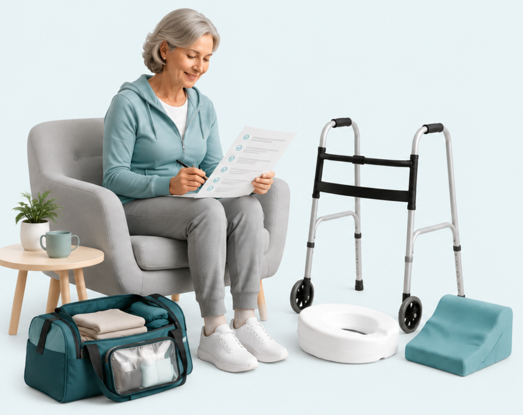 Knee replacement surgery preparation with walker and home recovery equipment