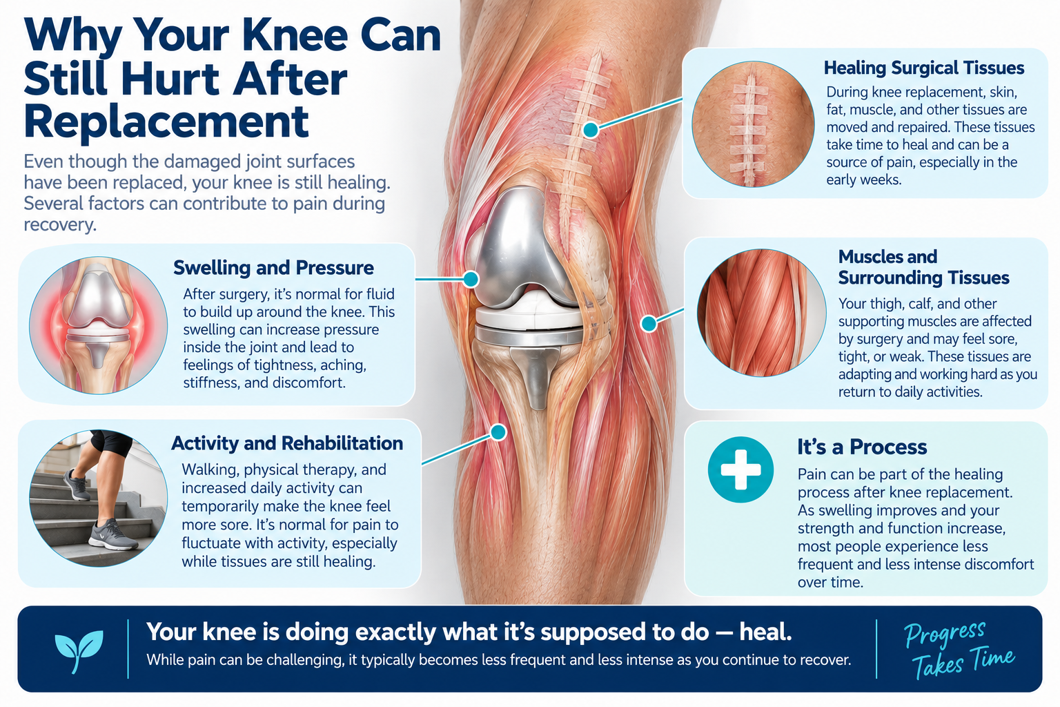 Medical graphic showing reasons for pain after knee replacement, including swelling, healing tissues, muscles, and increased activity