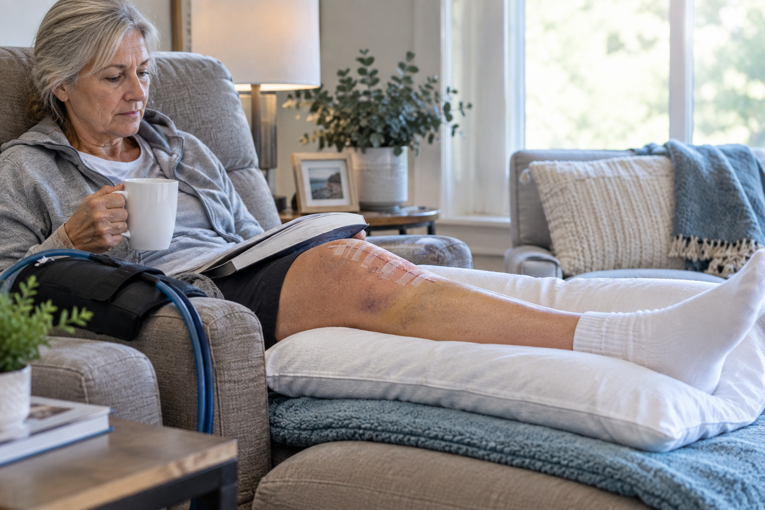Woman resting with her leg elevated while experiencing swelling after knee replacement surgery