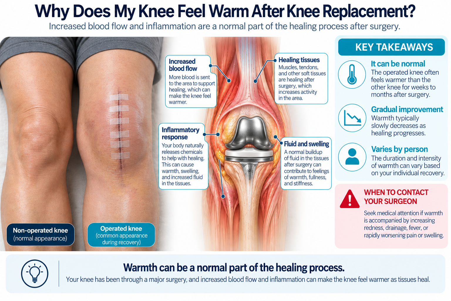 Diagram explaining why the knee can feel warm after knee replacement due to increased blood flow, inflammation, healing tissues, fluid and swelling