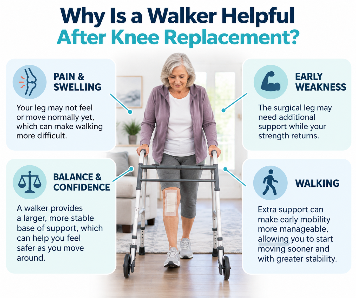 Graphic explaining why a walker can help with pain, swelling, weakness, balance, and walking after knee replacement