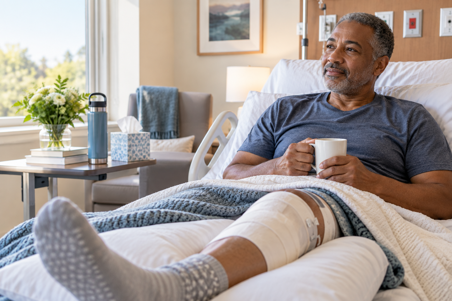 Patient resting in a hospital bed during the first 72 hours after knee replacement surgery