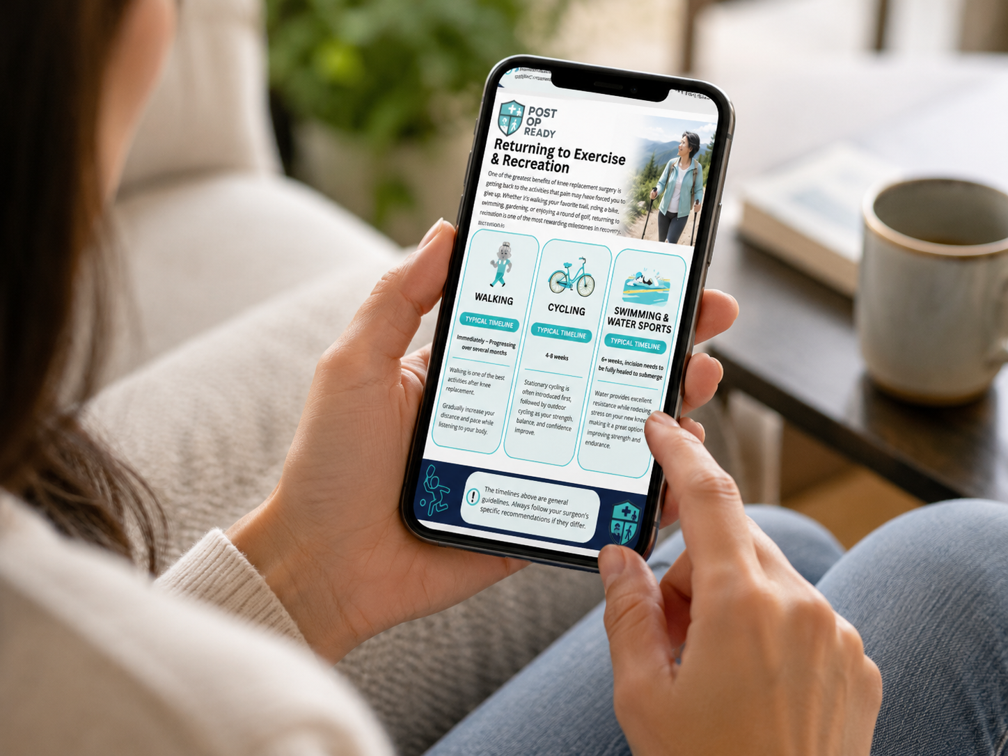 Patient viewing a Post Op Ready post-operative recovery guide on a smartphone
