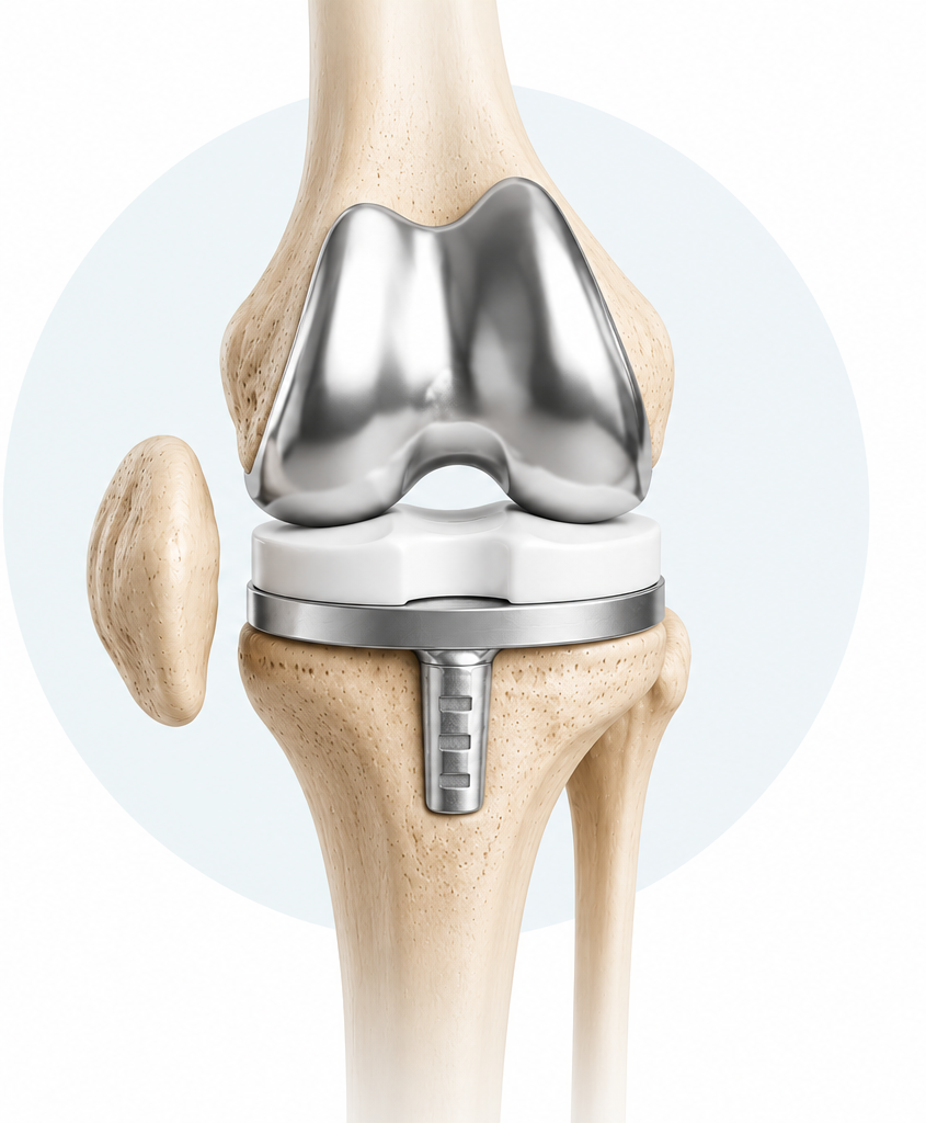 Total knee replacement showing the artificial knee implant and replaced joint surfaces