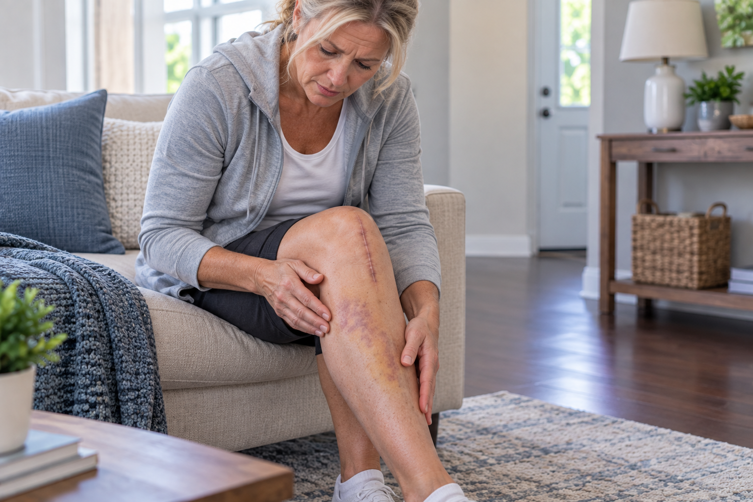 Woman looking at her healing knee after knee replacement surgery
