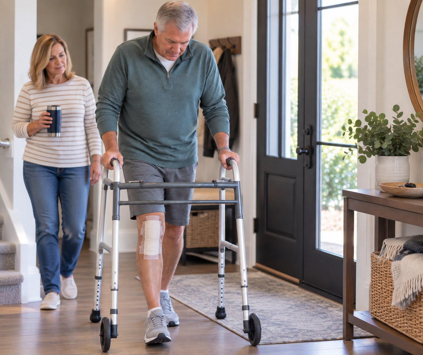 Man using a walker at home during early recovery after knee replacement surgery