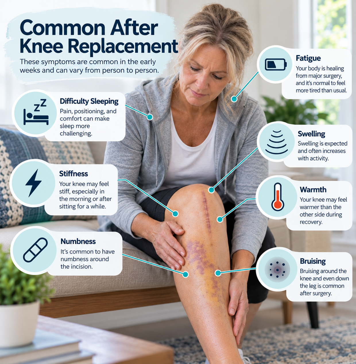 Common symptoms after knee replacement including swelling, stiffness, warmth, fatigue, and difficulty sleeping