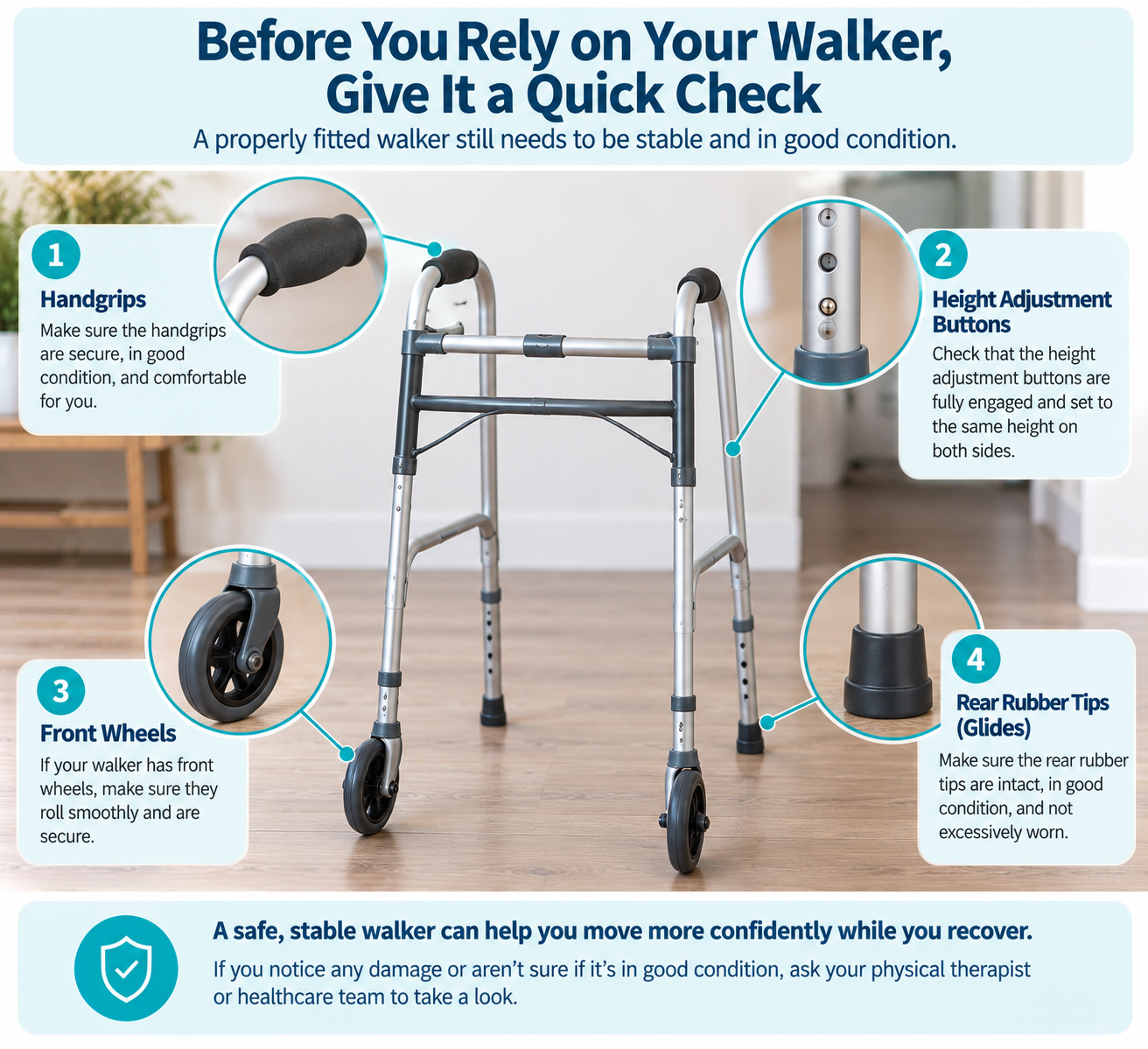 Walker safety check showing handgrips, height adjustment buttons, front wheels, and rear rubber tips