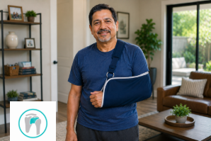 Man wearing a shoulder sling after rotator cuff repair surgery