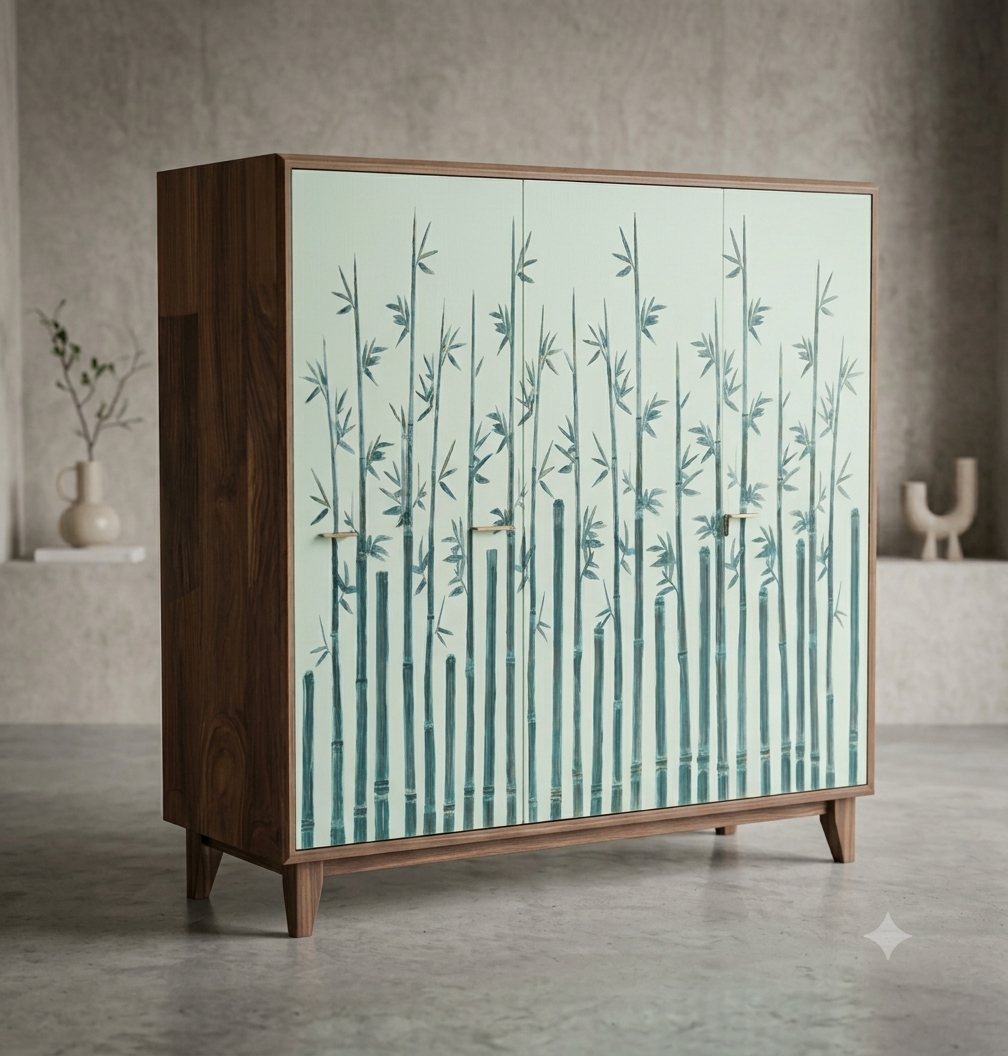 A wooden cabinet with painted bamboo stalks and leaves on the front doors, set in a minimalist room with vases and decor on shelves in the background.
