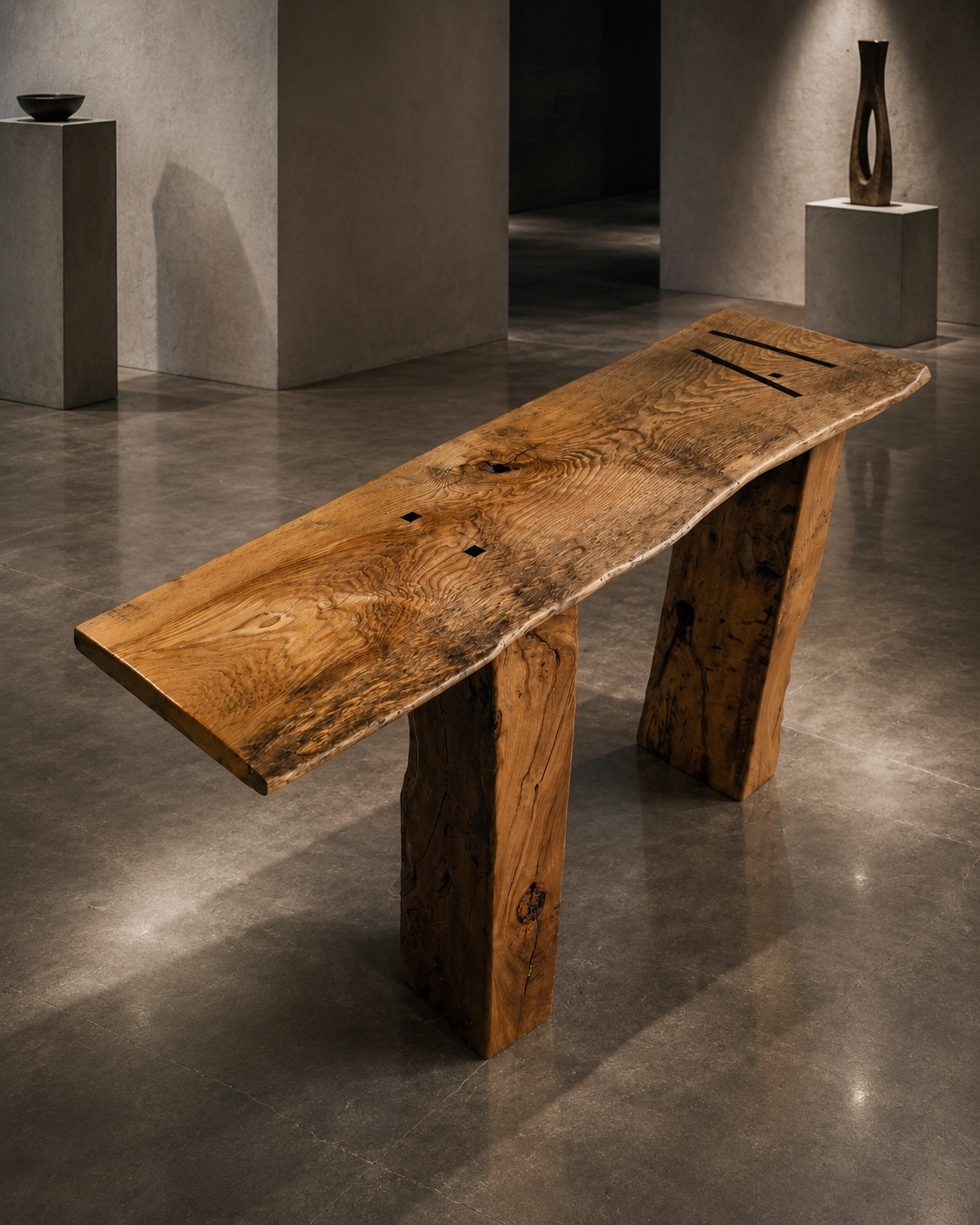 A rustic wooden table with a natural, uneven edge in a minimalist art gallery.