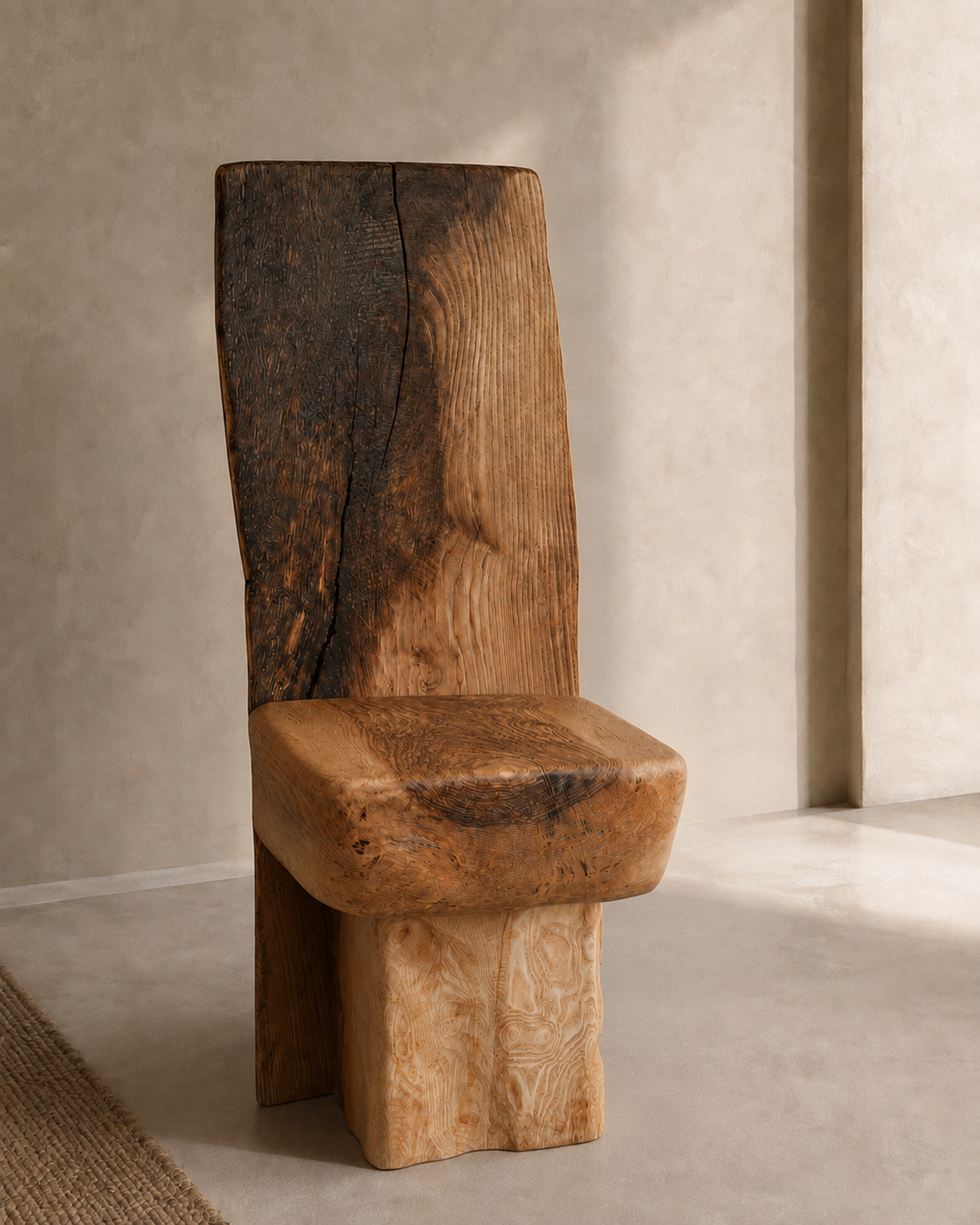 A contemporary wooden chair with a high backrest, crafted from natural wood with visible grain patterns and textures, placed against a neutral-toned wall.