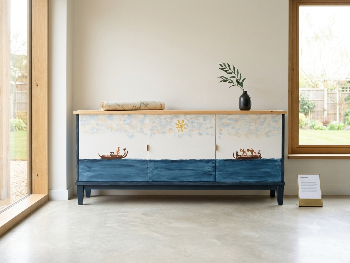 A cabinet with a hand painted nautical scene of ships on the ocean, a sun, and clouds, in a minimalist room with a window and some decor on top.