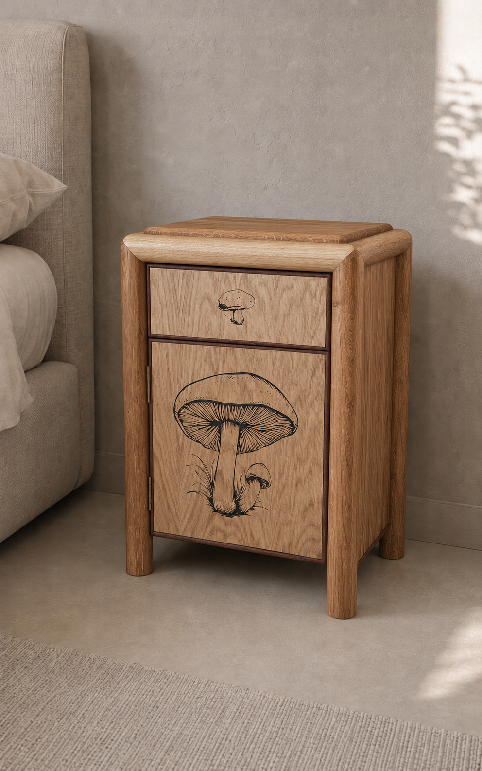 Bedside cabinet decorated with black line drawings of mushrooms.