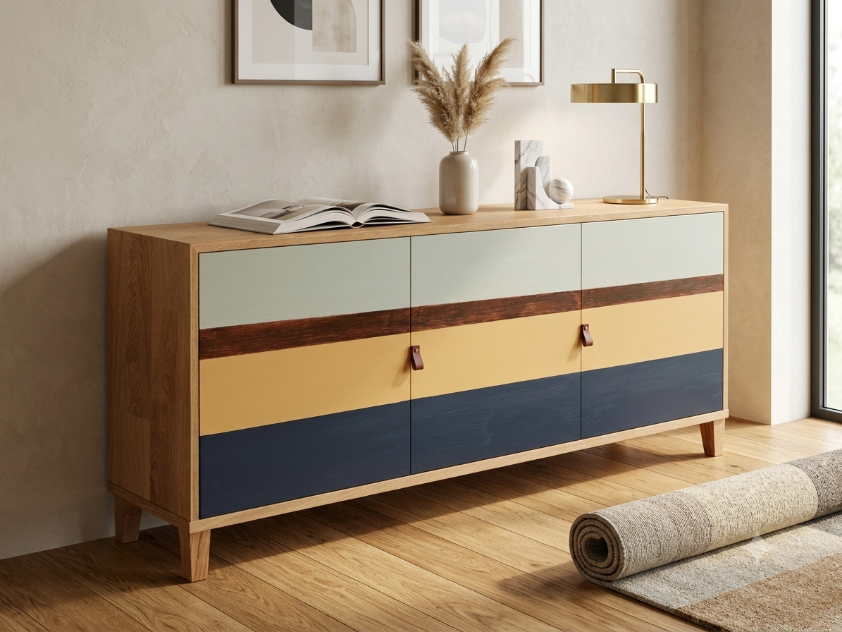 A sideboard with colorful hand painted panels, marble decor, and a gold desk lamp on top, situated in a modern living space.