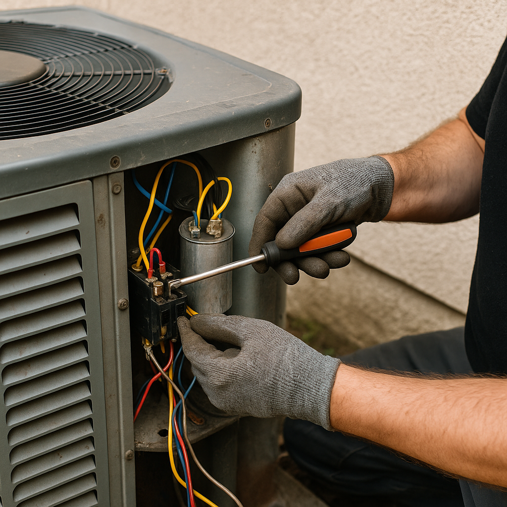 A person wearing gray gloves using a screwdriver to repair the wiring of an outdoor air conditioning unit.
