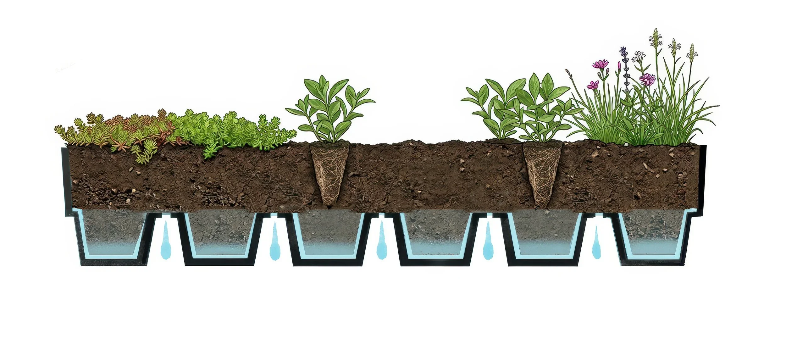 Där plantor växer i ett vertikalt odlingssystem med inbyggda vattentankar under varje odlingspanna.