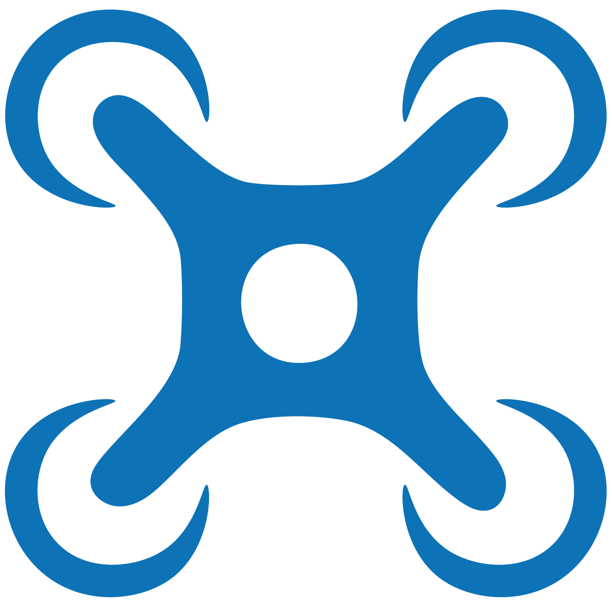 Blue drone with four propellers and central circular component.