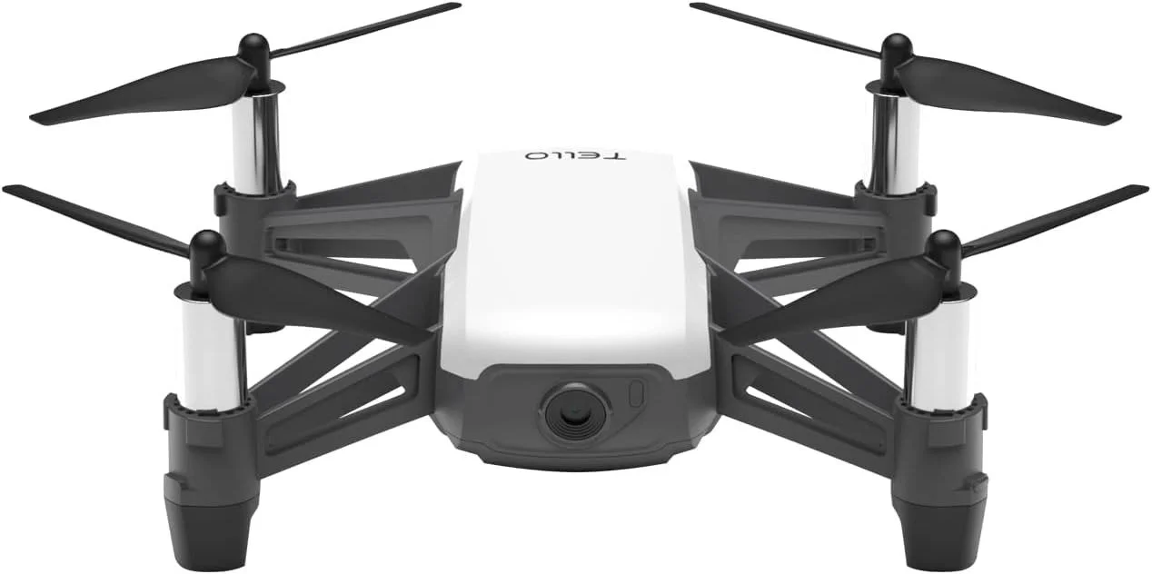 A drone with four black propellers and a white body, designed for aerial photography or videography.