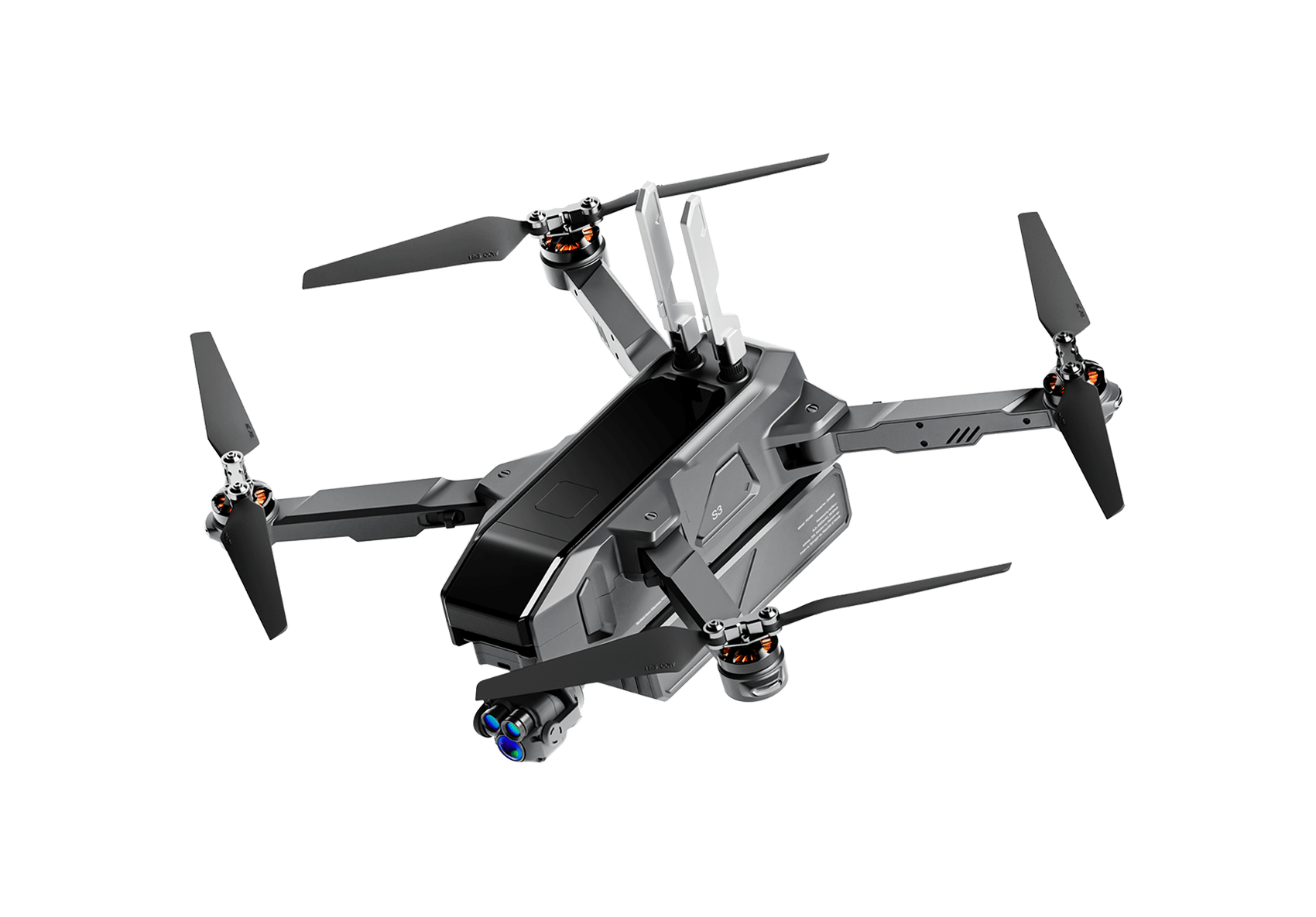 A professional-grade quadcopter drone with four rotors, a black and gray body, and multiple cameras mounted underneath.