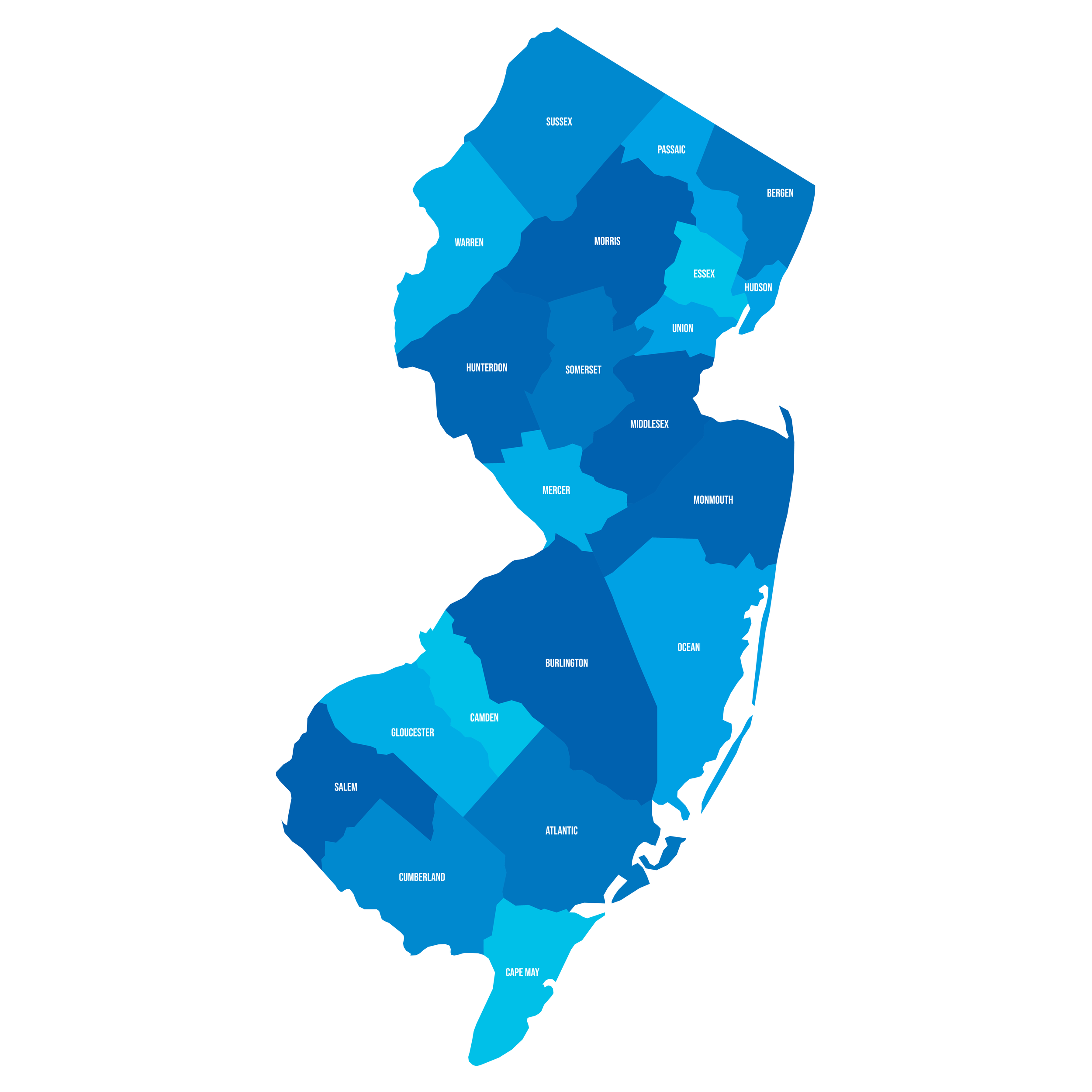 Map of New Jersey showing different counties in various shades of blue, each labeled with its county name.