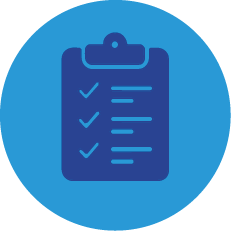 Icon of a clipboard with checkmarks on a blue circular background.