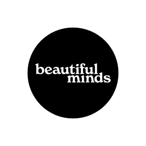 Black background with white text that says "beautiful minds".