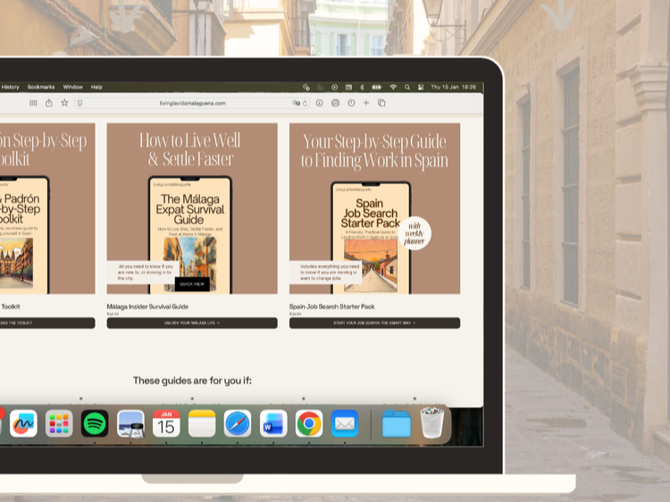 Laptop screen displaying online travel guides and job search starter packs about Spain, with a blurred city street background outside.