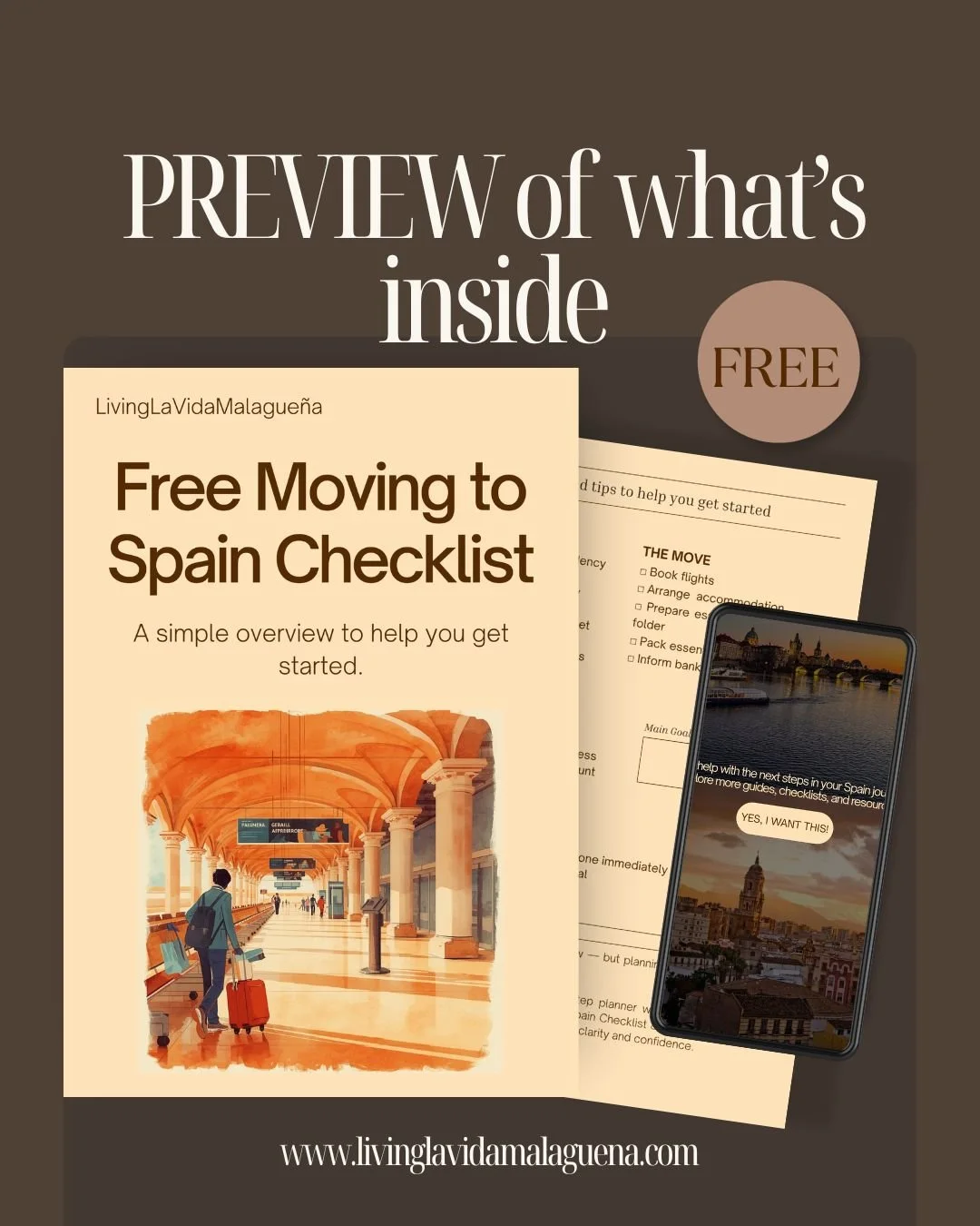 A promotional graphic for a free Spain moving checklist, featuring an illustration of an airport terminal, a smartphone with a Spain cityscape, and text describing the offer from LivingLaVidaMalagueña.