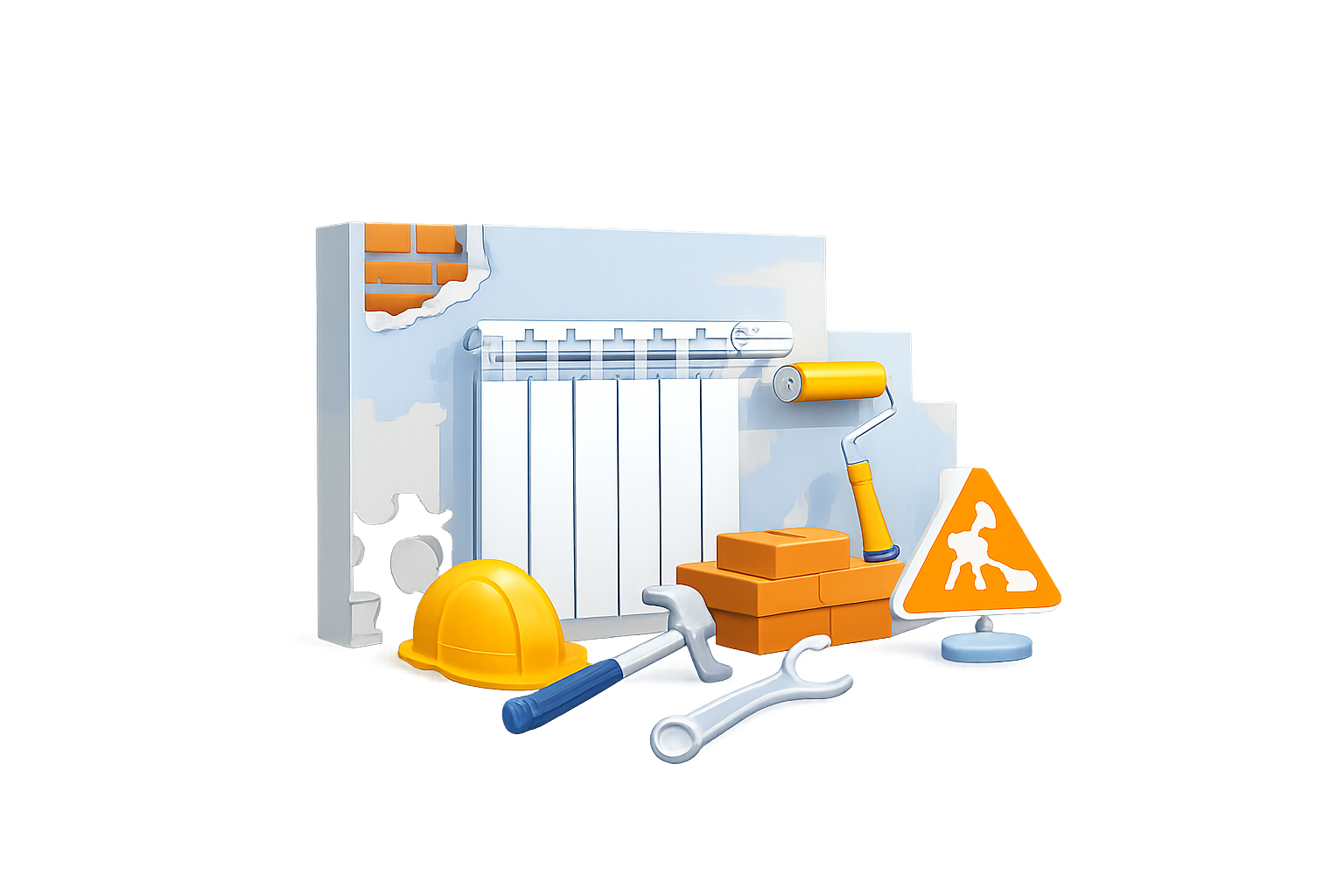 Materiales de construcción y reparación, incluyendo casco de seguridad, brocha, ladrillos, señal de advertencia y herramientas.