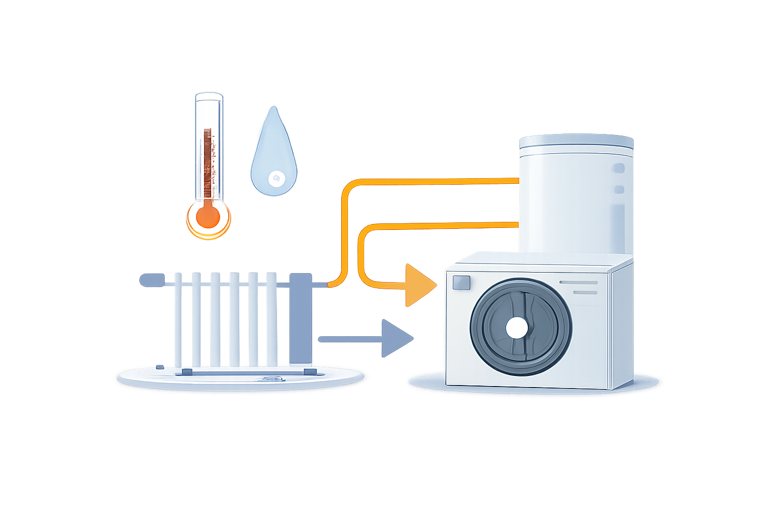 Ilustración de una lavadora, un termómetro, un humidificador y un dispensador de agua en un entorno de lavandería.