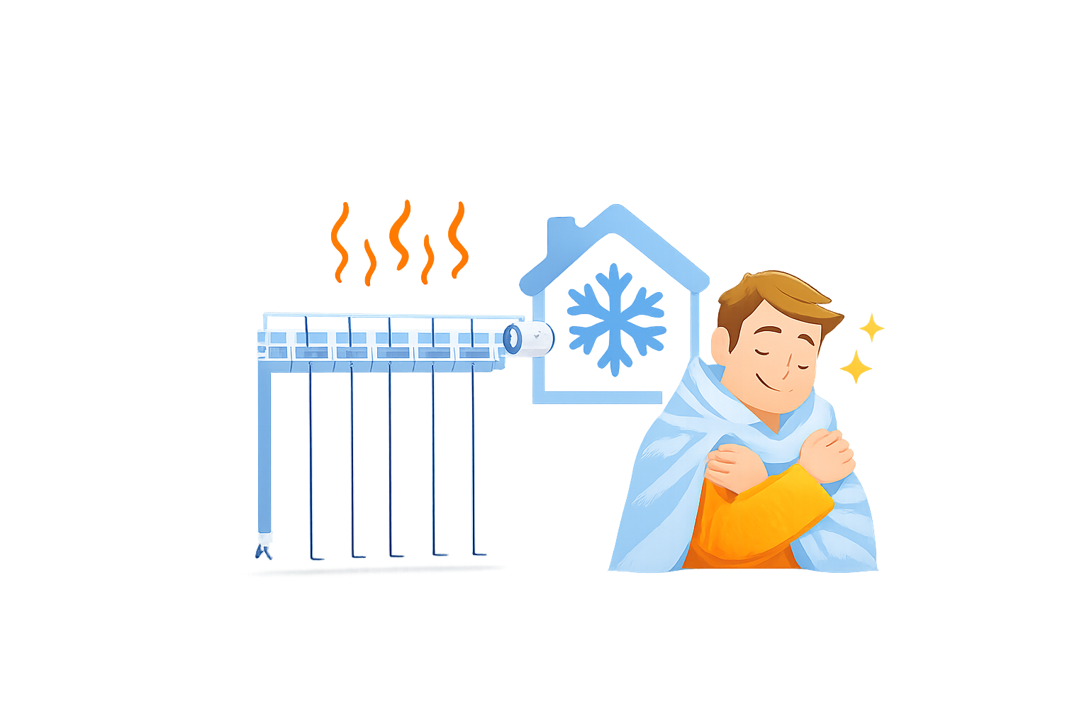 Hombre feliz con un abrigo viendo la calefacción encendida en un ambiente frío y con decoraciones navideñas.