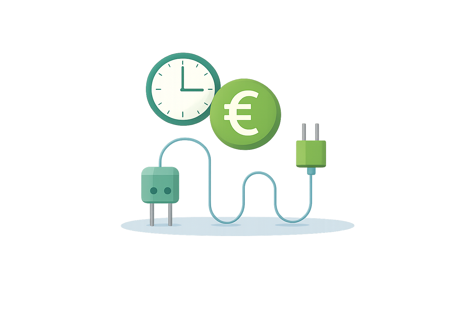 Un enchufe eléctrico con un cable conectado, junto a un reloj de pared y un símbolo del euro en un fondo digital colorido.