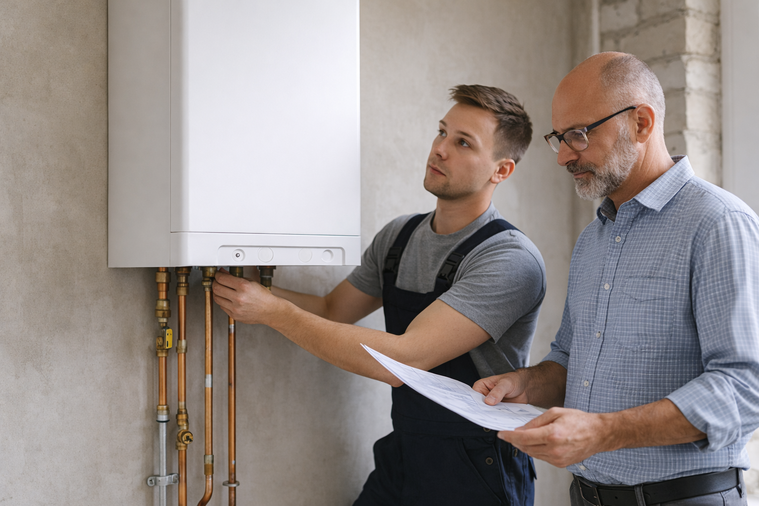 Dos hombres inspeccionando un sistema de calefacción o agua en una pared interior.