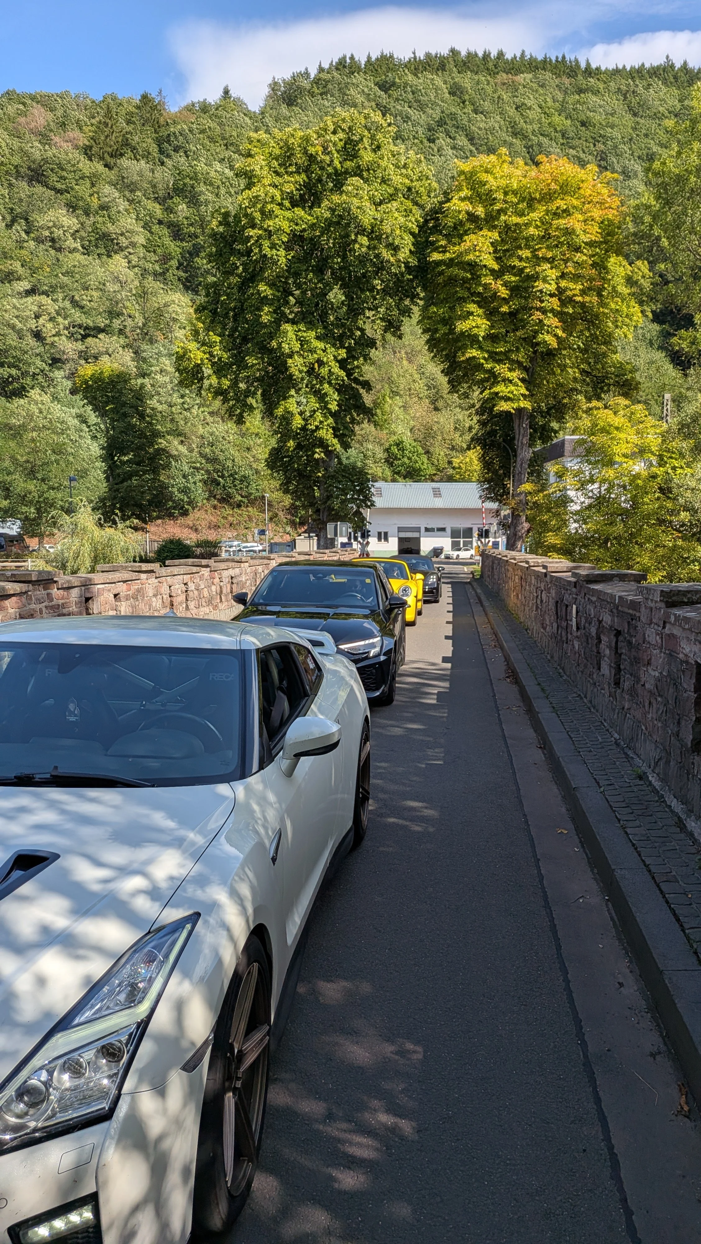 Vier Autos der Grand Pass Society auf einer Brücke in den Vogesen